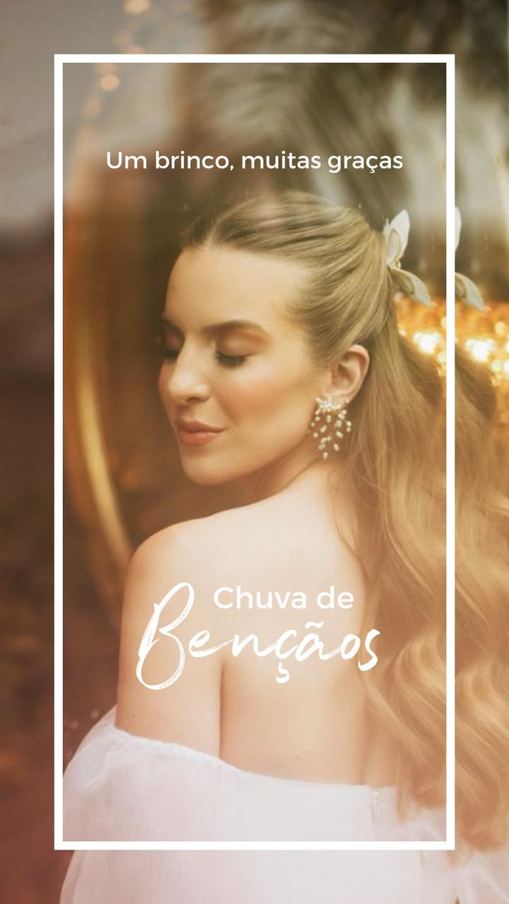 Editorial Chuva de Bençãos — noiva usando o brinco, com lettering 'Um brinco, muitas graças'